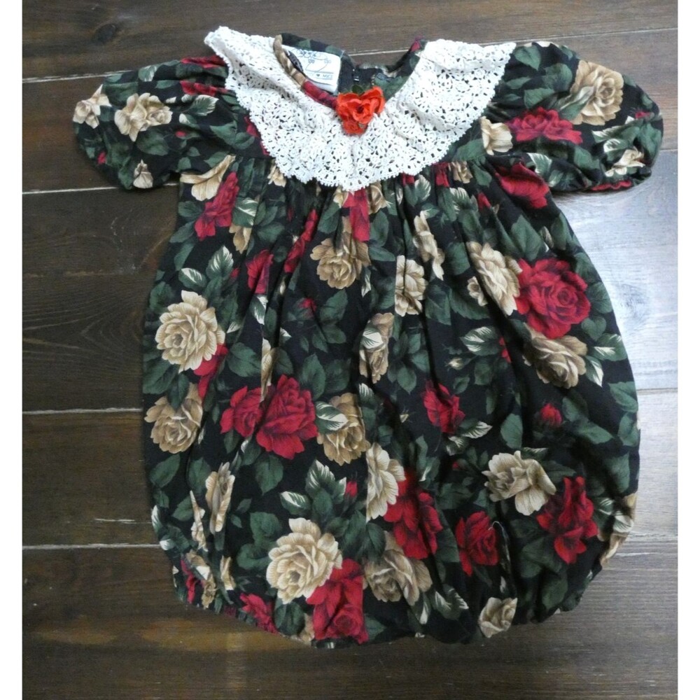 VTG Three Blind Mice 18M Baby Girls Floral One Piece Romper Lace Bib 80s